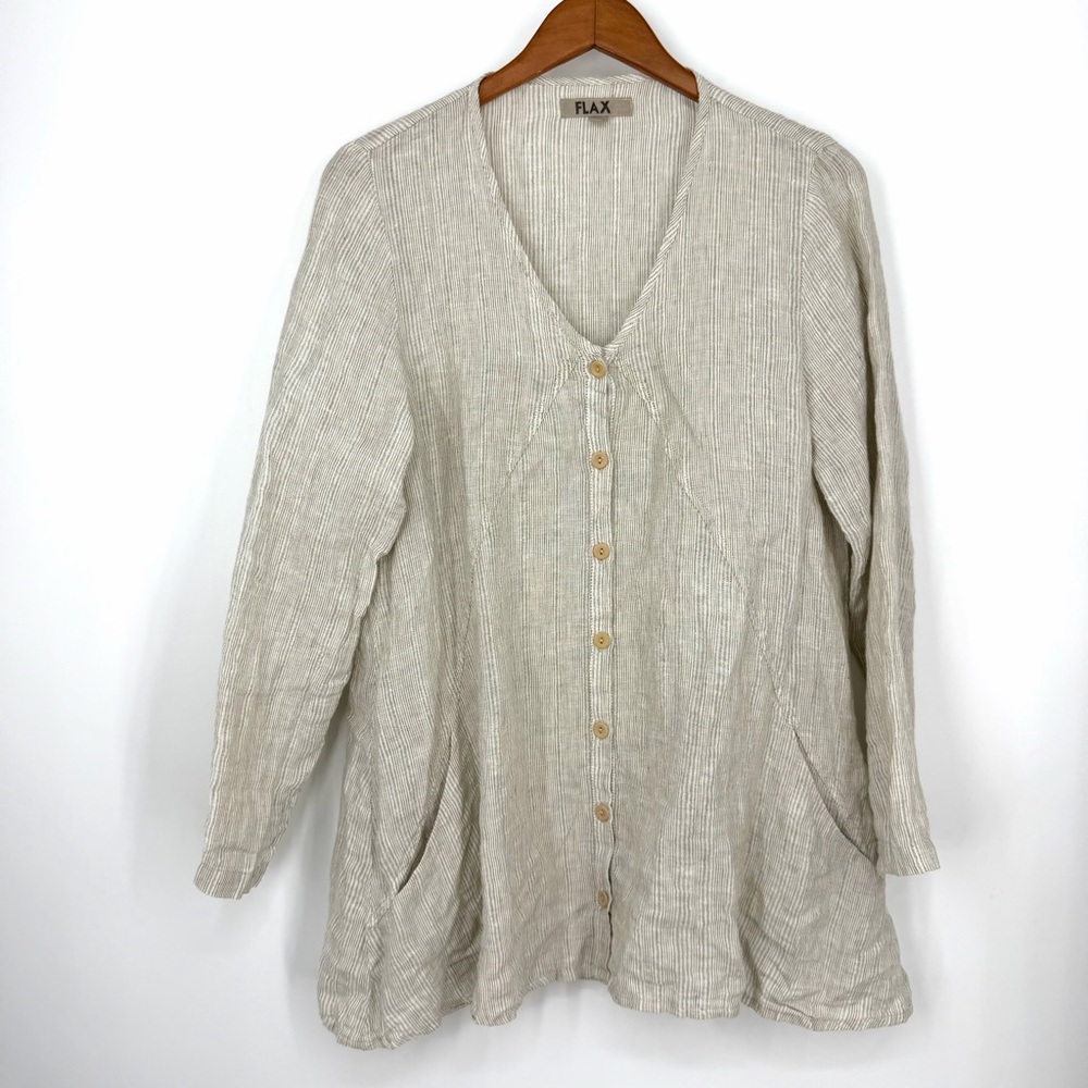 ✨FLAX Natural Oatmeal Oversized Striped Linen ButtonTunic Shirt Lagenlook S-L